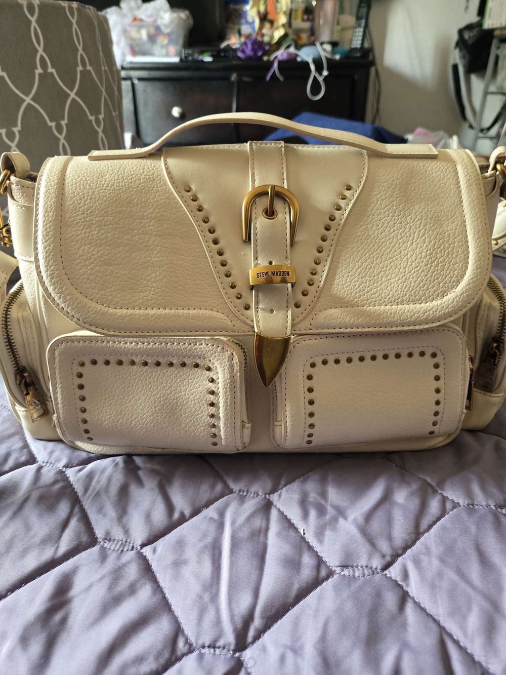 Steve Madden Cream Pebbled Leather Satchel with Gold Hardware